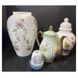 Milk Glass Vases, Floral Teapot.