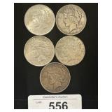 4 1923 & 1 1924 90% Silver Peace Dollars.