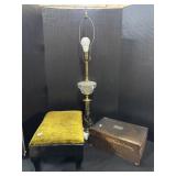 Green Foot Stool, Cut Glass Lamp.