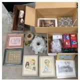 Prints, Lights, Brass Candle Holder, Cradle.