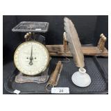 Postal Scale, Collapsible Rack, Quill & Bottle.