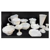Milk Glass Vases, Candleholders, Dishes.