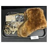 Tray Of Costume Jewelry & Fur Shawl.
