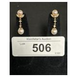 14K Gold Pearl & Clear Gemstone Dangle Earrings.