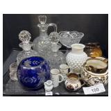 Cut Glass Decanters, Milk Glass Vase.