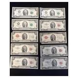 10 Red & Green Seal $2 Bank Notes.