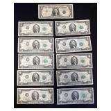 10 Green Seal $2, 1 Blue Seal $1 Bank Notes.