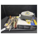 Assortment Of Knives, Police Hat.