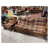 Vtg Pine & Plaid Sofa & Armchair.