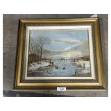 Framed Oil On Canvas Winter Landscape Painting.