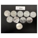 10 1 OZ Silver Bullion Rounds.