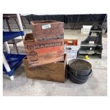 (3) Vtg Wooden Advertising Crates, (2) Cast Steel