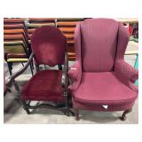 Vtg Mahogany & Velvet Side Chair, Winged ArmChair.