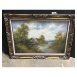 Clause Benda Village Scene Framed Oil Painting.