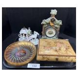 Bird Clock, Iridescent Carnival Glass Bowl.