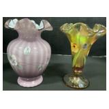 Pair Of Hand Painted Fenton Glass Vases.