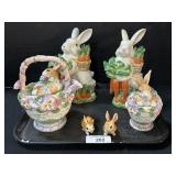 Fitz & Floyd Tea Pot, Sugar Bowl, Rabbit Figures.