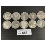 9 1 Troy Oz Silver Rounds, 1 90% Silver Dollar.