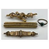 Antique Gold Bar Brooches & Gemstone Ring.