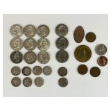 16 90% Silver Cents, Various Foreign & U.S. Cents.