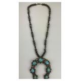 Coin Silver Turquoise Squash Blossom Necklace.