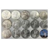 15 1 Troy Oz Fine Silver American Eagle Dollars.