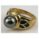 14KT Gold Black Pearl & Emerald Ring.