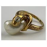 14KT Gold Baroque Pearl & Diamond Accent Ring.