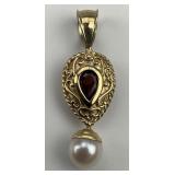 14KT Gold Gemstone & Pearl Drop Pendant.