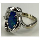 14KT Gold Blue Opal & Diamond Accent Ring.