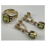 14KT Gold Peridot & Diamond Earrings & Ring Set.