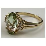 14KT Gold Green Amethyst & Diamond Accent Ring.