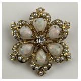 14KT Gold Victorian Opal, Pearl & Diamond Brooch.