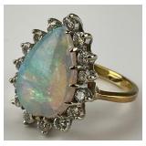 14KT Gold Teardrop Opal & Diamond Halo Ring.