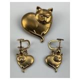 14KT Gold R. Lugosch Cat Earrings & Pendant Pin.