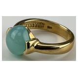 14KT Gold Cabochon Aqua Chalcedony Ring.