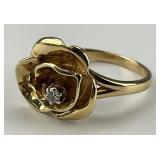 14KT Gold Rose Ring with Diamond Center.