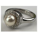 14KT White Gold Pearl & Diamond Halo Ring.