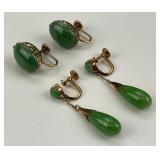 2 Pairs of 14KT Gold Jade Earrings.