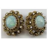 14KT Gold Victorian Opal & Diamond Halo Earrings.