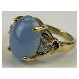 14KT Gold Diamond & Cabochon Blue Jade Ring.