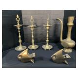 Brass Ewer, Oil Lamps, Bronze MCM Fish Vases.