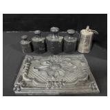 Cast Iron Weighs, Cast Stone Medallion.