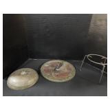 Cast Iron Stand, Lid, Wooden Base.