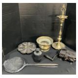 Cast Iron Cookware, Brass Vase & Oil Lamp.