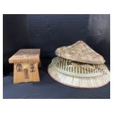 Asian Style Wooden Stool & Hats