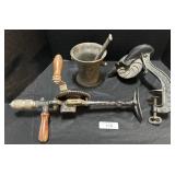 Hand Drill, Cherry Pitter, Cast Iron Mortar &