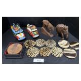 Carved Wooden Animal Figures, Wood & Fur Coasters.