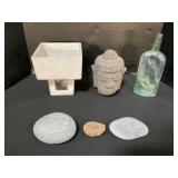 Buddha Head, Blown Glass Bottle, Carved Rocks.