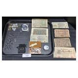 Costume Jewelry, Foreign Bills & Coins.